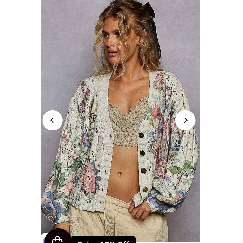 POL Floral Butterfly Knit Open Weave Oversized Cardigan Sweater